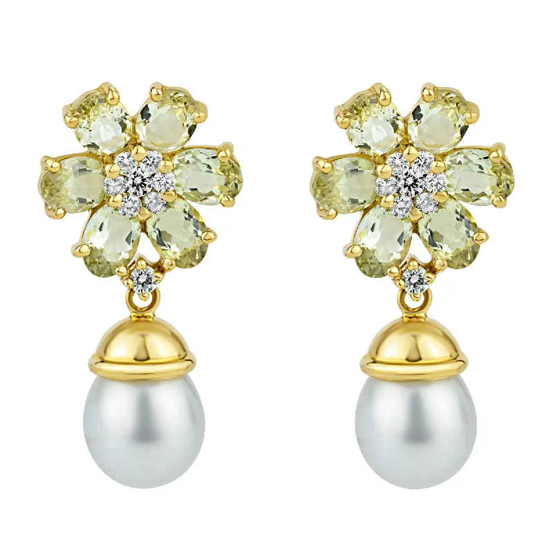 Ladies earrings with quill drops -Earrings- Beryl, S.S. Pearl And Diamond