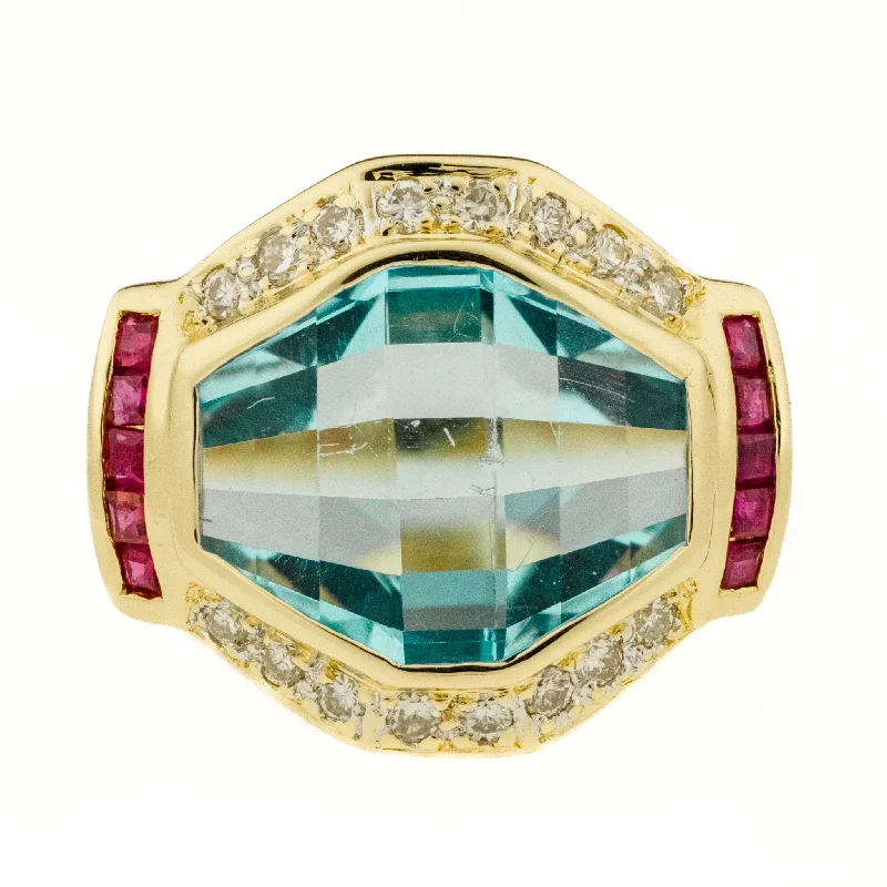 Ladies rings glowing elegance -Blue Topaz with Ruby and Diamond Accents Ring in 18K Yellow Gold - Size 5.75