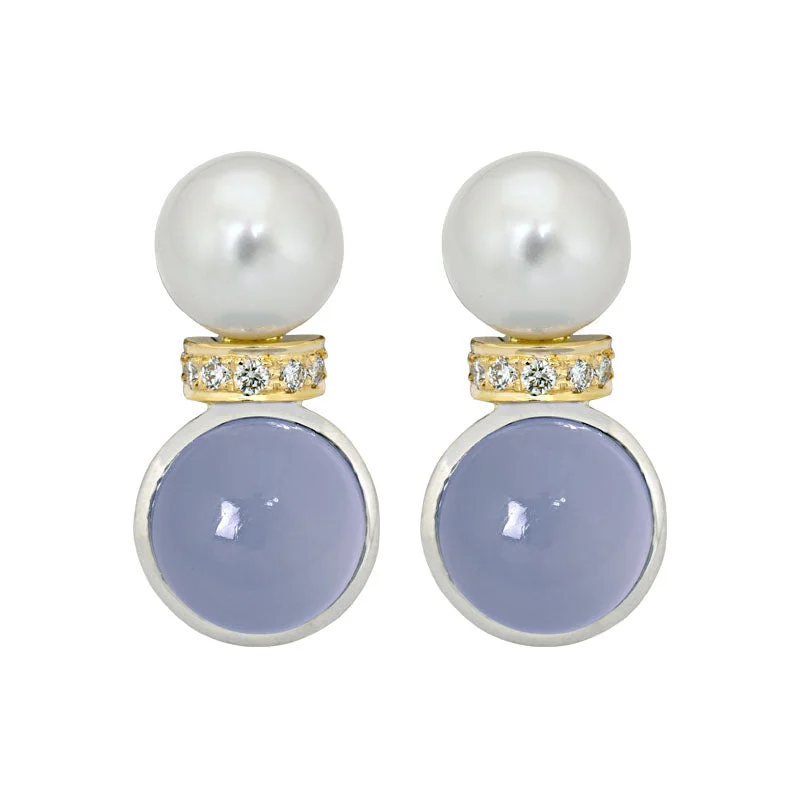 Ladies earrings quirky elegance -Earrings- Chalcedony, South Sea Pearl and Diamond