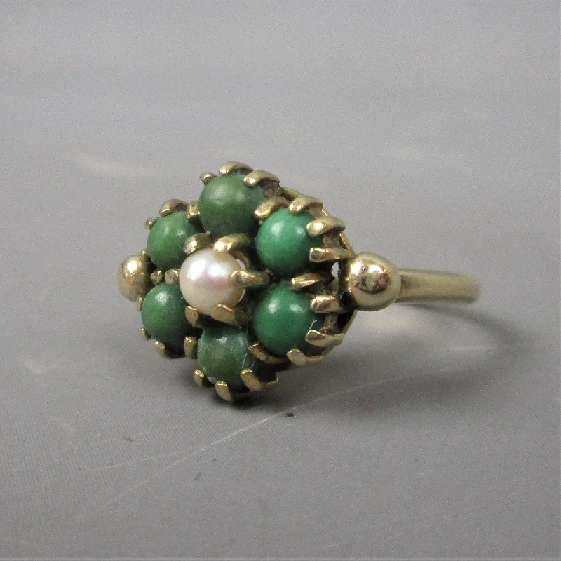 Ladies rings dramatic charm -9ct Gold, Green Turquoise & Pearl Floral Cluster Ring Antique c1930 Art Deco