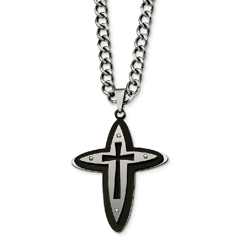 ladies-unique-crystal-necklaces-Stainless Steel and Black Accent Cross Necklace