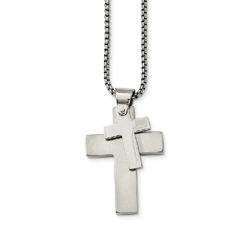 ladies-bohemian-rolo-chain-necklaces-Stainless Steel Polished Double Cross Necklace - 24 Inch