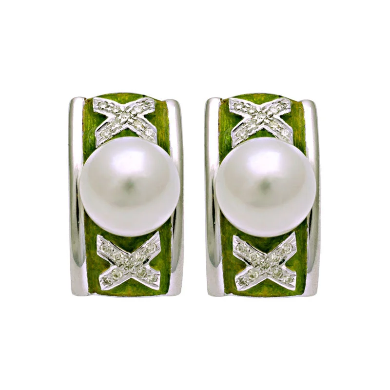 Ladies earrings for evening sparkle -Earrings-South Sea Pearl and Diamond (Enamel)