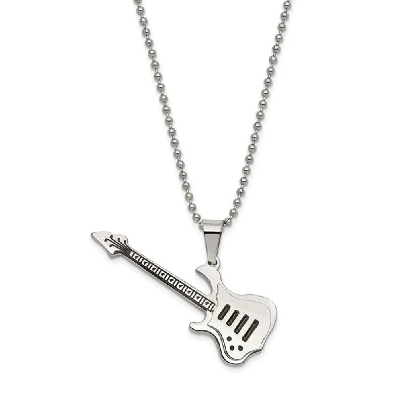 ladies-bib-silver-necklaces-Stainless Steel & Black Enamel Guitar Necklace, 24 Inch