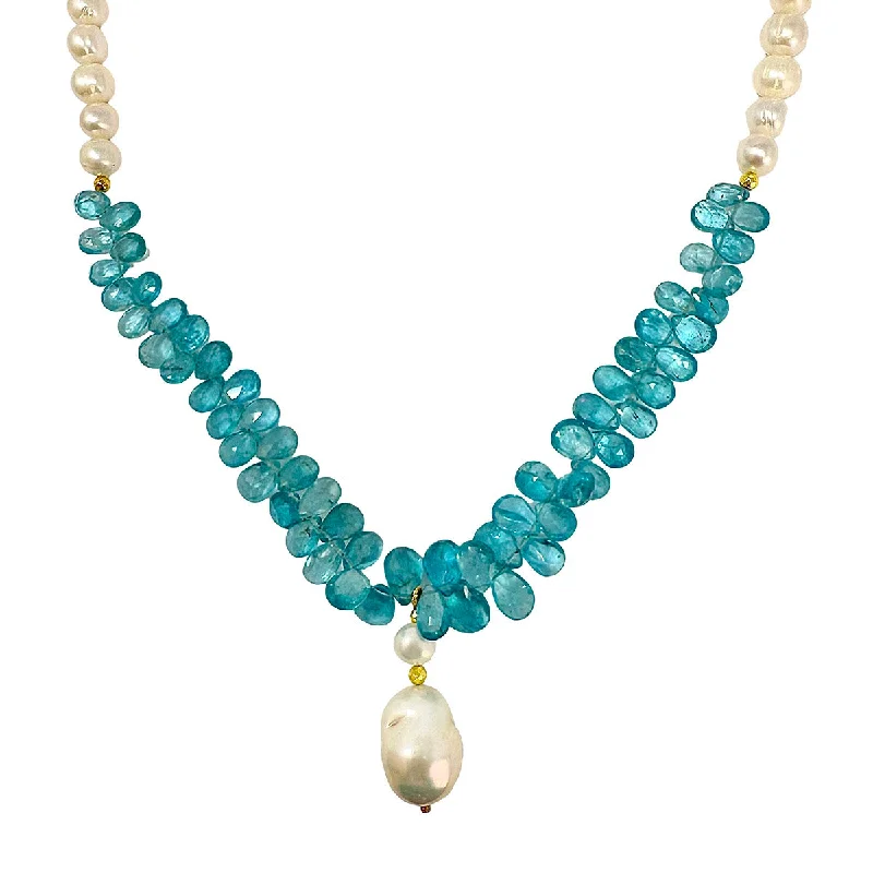 ladies-affordable-station-necklaces-18" Freshwater Pearl and Blue Apatite Briolette Necklace