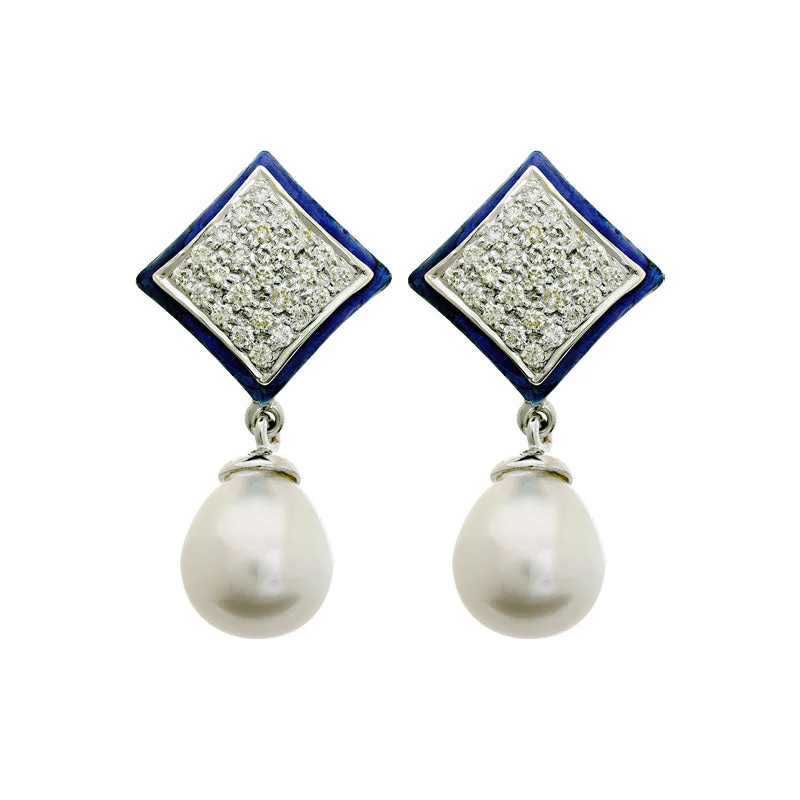 Ladies earrings with teal topaz -Earrings-South Sea Pearl and Diamond (Enamel)